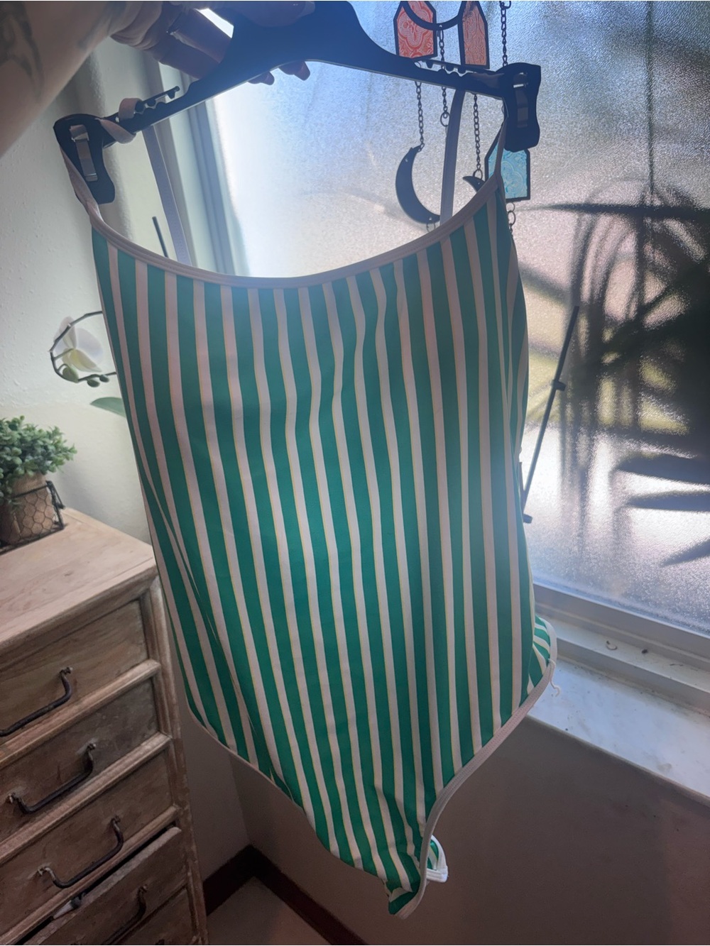 No Boundaries Green and White Vertical Stripe One-Piece Swimsuit